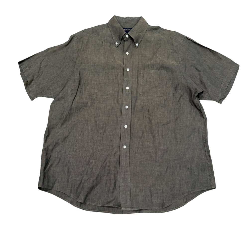 Brooks Brothers Irish Linen Shirt Men XL Brown Short‎ Sleeve Button Down